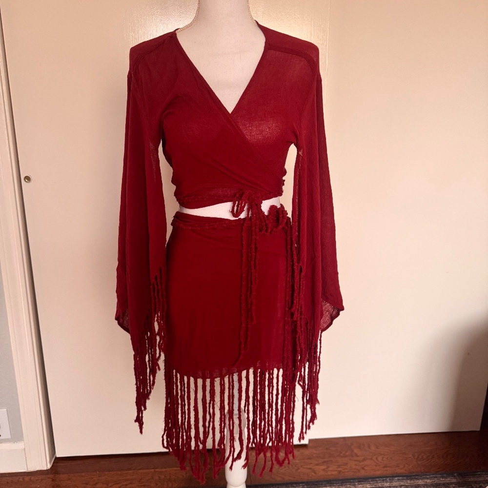 Caravana Burgundy Fringe Wrap Set (Top + Skirt)
